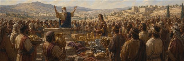 David praying over generous temple offerings while Solomon stands before the assembly